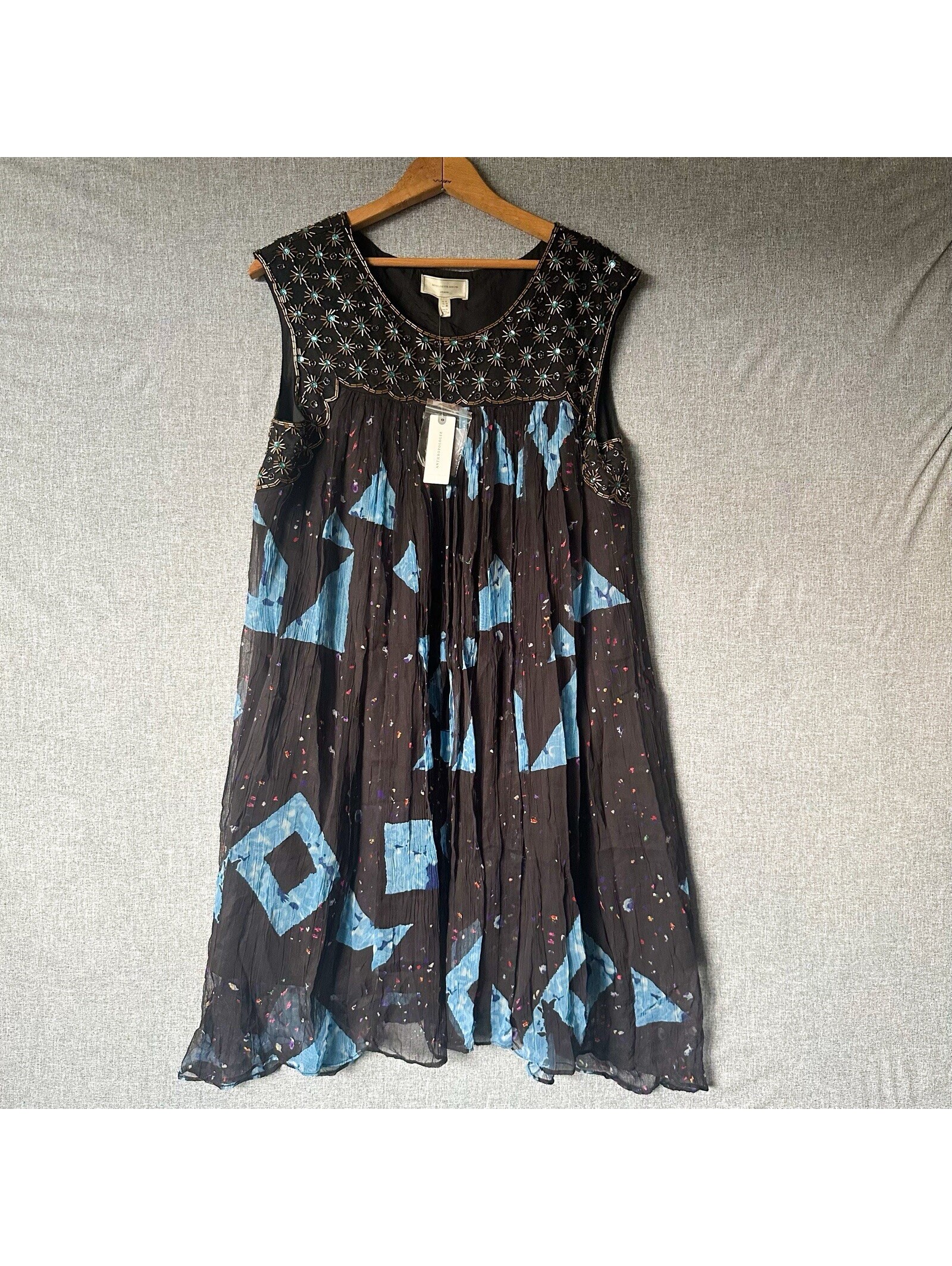 Anthropologie Moulinette Soeurs Lydia Beaded Swing Dress Black Blue Gold Size 8